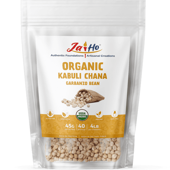 Jai Ho Certified Organic Kabuli Chana Garbanzo Beans 4 lb | Chickpeas Lentils | Indian Kabuli Chole Chana | USDA Organic | Non-GMO | Chemical-Free |  Kosher (4 Pound, Kabuli Chana)
