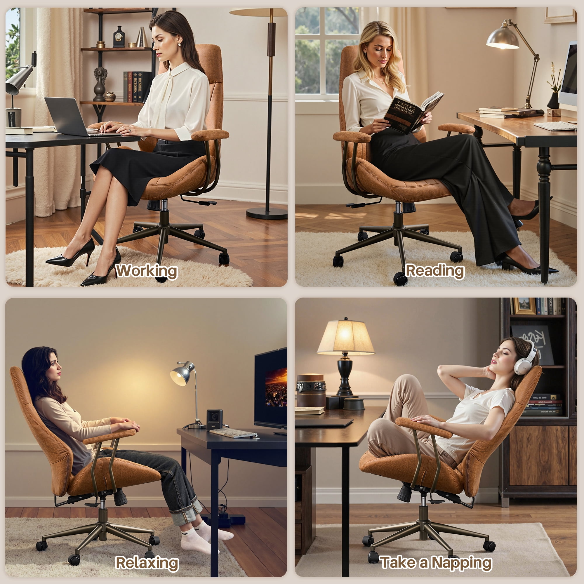 Toject Ergonomic Office Chair, High Back Comfy Home Office Chair with Lumbar Support, Mid-Century Modern Computer Executive Desk Chair with Padded Armrests (Suede Leather, Brown)