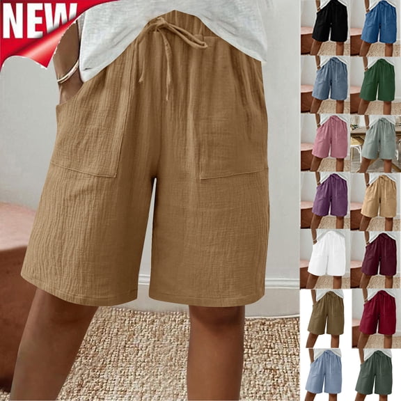 Tqyyweavej Women's Bermuda Shorts 12" Knee Length Drawstring Casual Shorts Wide Leg Solid Color Shorts with Pockets Size S to 3XL