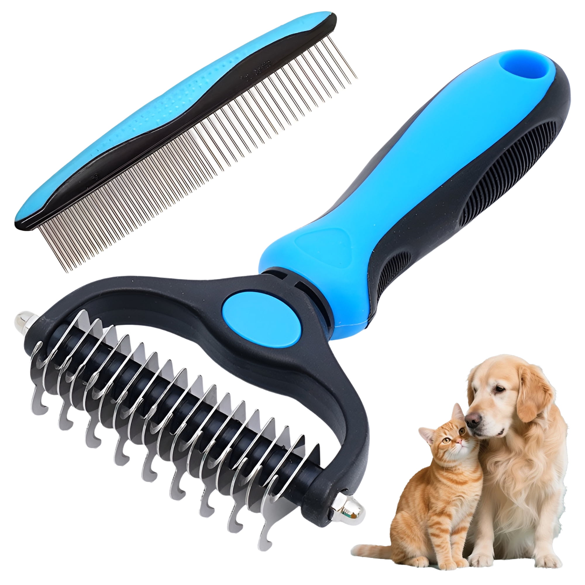 2 Piece Pet Grooming Comb Set, Large Dematting Comb and Stainless Steel Pet Comb with Non Slip Handle for Dogs and Cats, Blue
