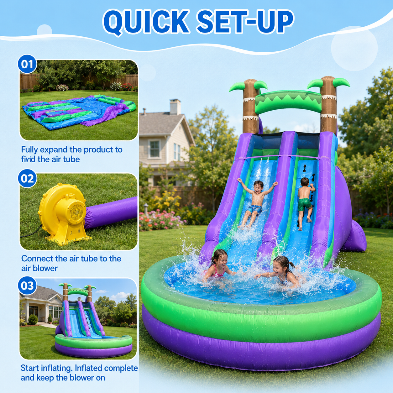 Connsann Inflatable Rainforest Water Slide 22.5ft Large Splash Pool Blower Included Backyard Water Park for Kids 1 Pack
