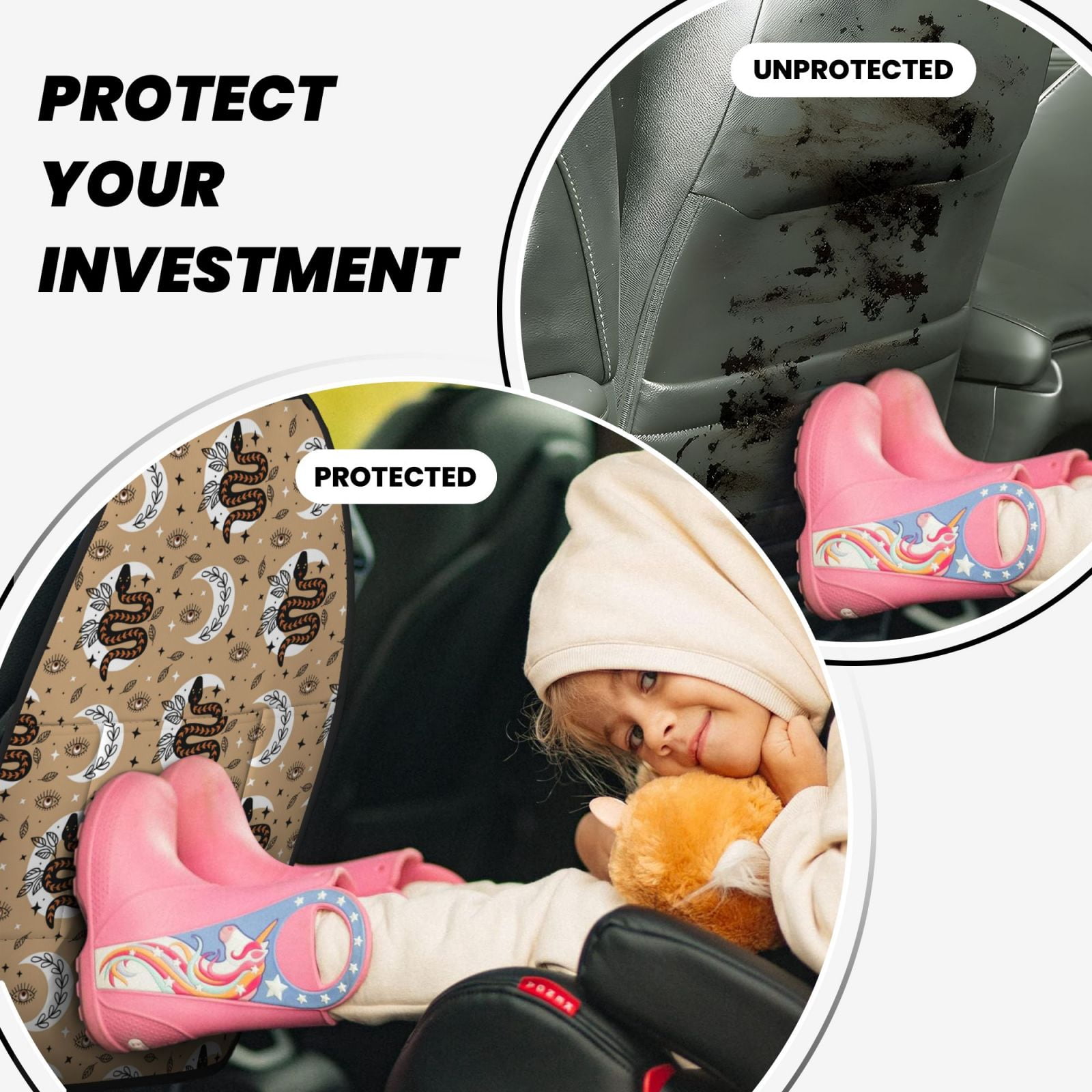 Kdxio Snake And Flower Print 2 Pack Car Kick Mat Seat Cover Back Protector Mat with Pockets for Organizer Backseat Protector and Storage Anti Kick Pad for Vehicles