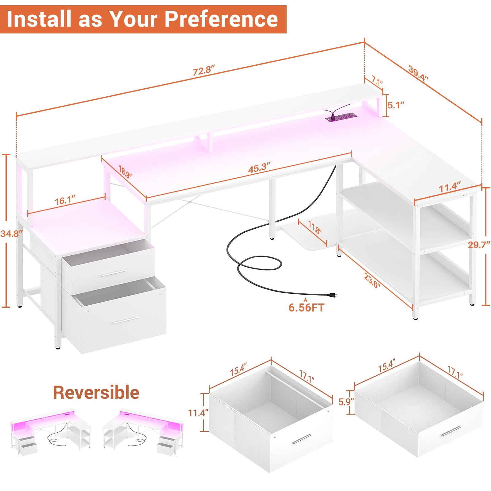 Homieasy L Shaped Desk with File Drawer, 72.8" Reversible L Shaped Computer Desk with Power Outlet & LED Strip, Gaming Desk with Monitor Stand, Office Desk Corner Desk with Storage Shelf, White