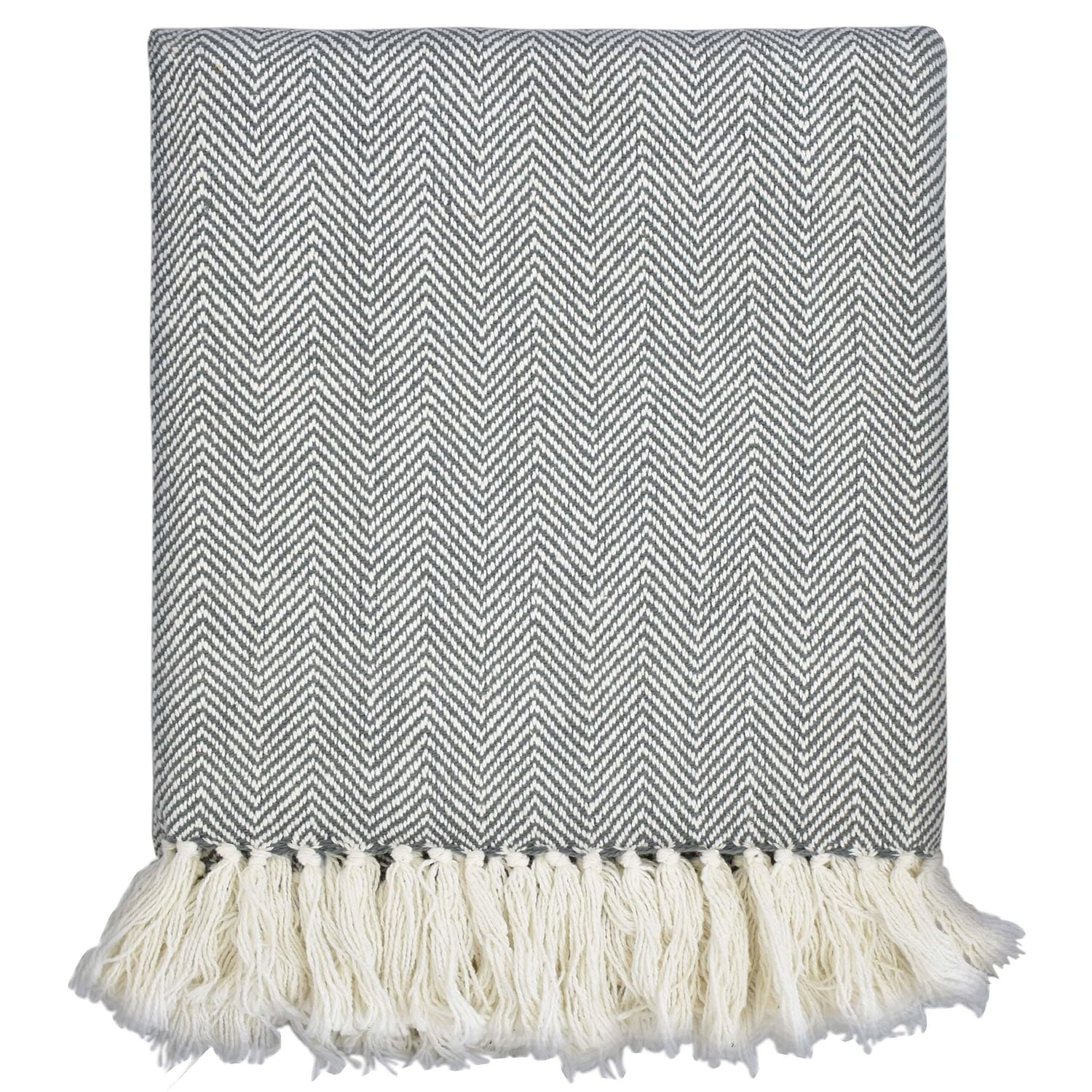 Fabstyles Herringbone Stripe Cotton Throw with Fringe, Lightweight Breathable Throw Blanket