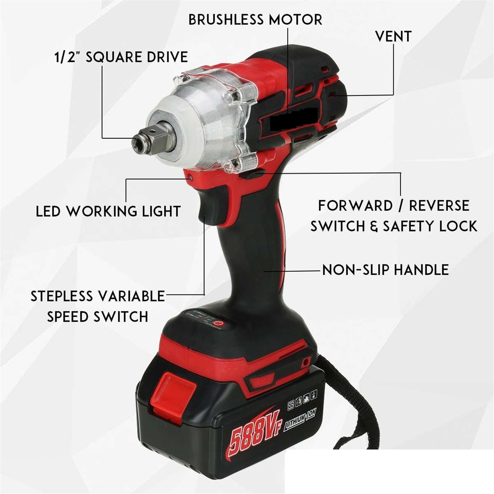 22800mAh 588VF Brushless Cordless Electric Impact Wrench 1/2 inch Wrench Power Tools Compatible For Rechargeable Battery ,Efficient Cutting