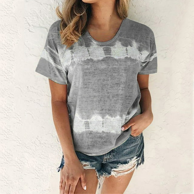MRULIC Chemises pour Femmes Grande Taille Quotidien Été Printemps Été Décontracté Col Rond Manches Courtes Imprimé Teinture sur Nœuds Patchwork Col Rond T-Shirt Décontracté Tee Tops(S 5TG) Chemises Femmes Gris + L