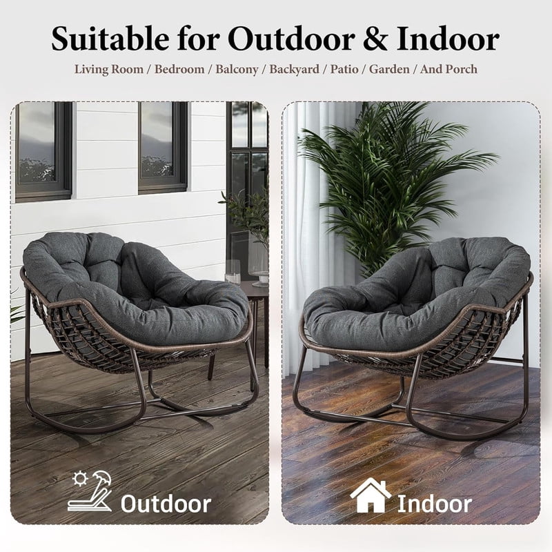 Outdoor Rattan Rocking Chair, Rocking Papasan Chair with Thick Cushion, Comfy Wicker Egg Chairs Lounge Recliner Chair, Padded Cushion Rocker