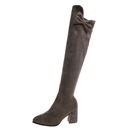 

nsendm Cute Boots with Heels for Women Ladies Fashion Suede Bow Side Zipper Pointed Toe Sociology Wide Calf Boots Shoes Grey 7.5