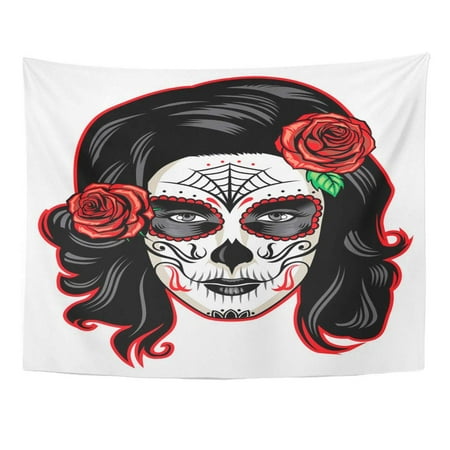 UFAEZU Red Voodoo Girl Sugar Skull Makeup Face Woman Tattoo Hair Wall Art Hanging Tapestry Home Decor for Living Room Bedroom Dorm 51x60 inch