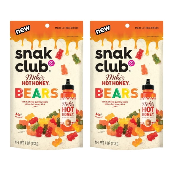 2 Count Snak Club Mike’s Hot Honey Gummy Bears, Sweet & Spicy Chewy Candy 4oz Bags