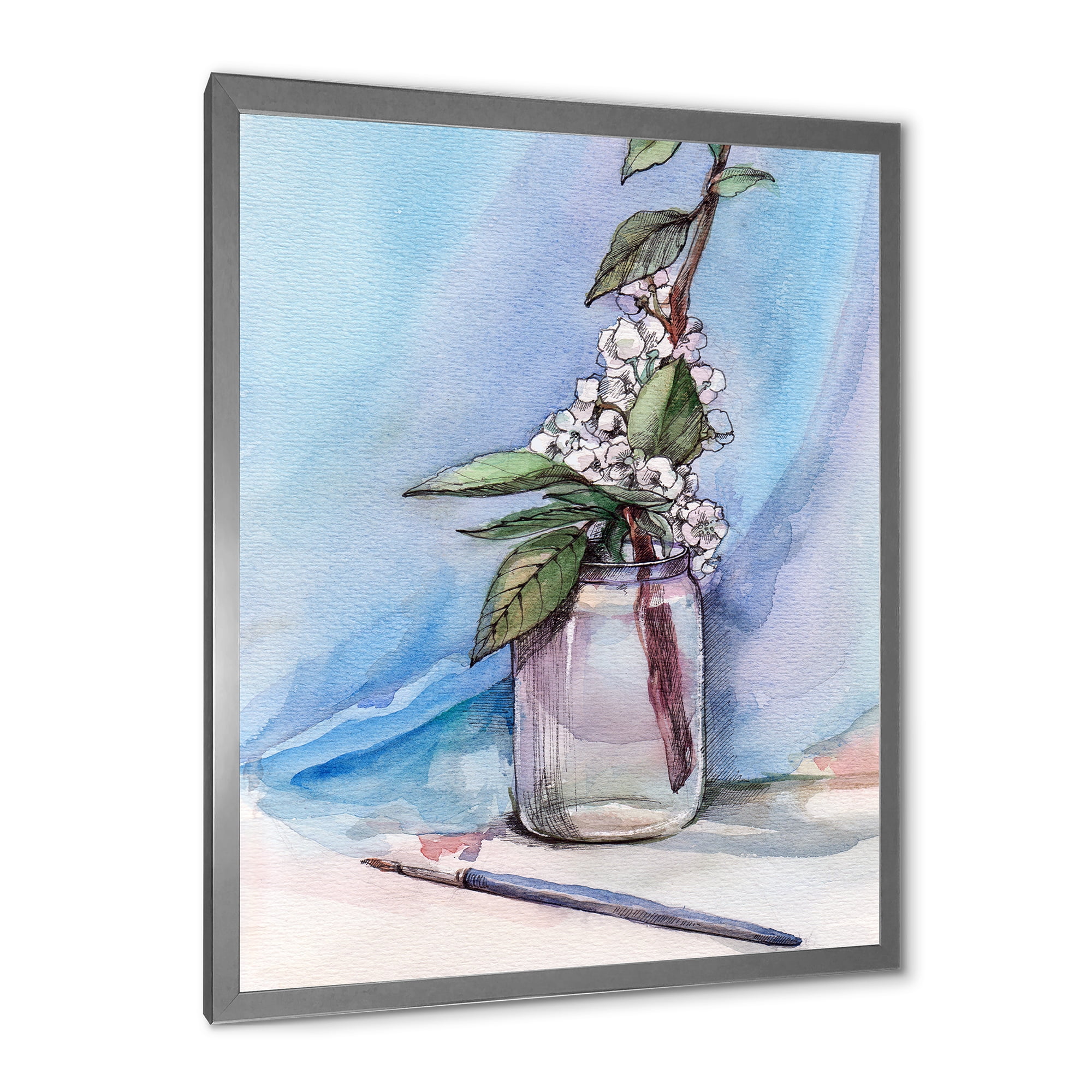 Designart 'Cherry Blossom Flowers In Glass Jar' Farmhouse Framed Art Print