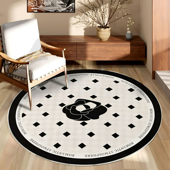 DERONA Flower Round Rug - 31.5inch Small Round Area Rug Soft Bedroom Entryway Foyer Throw Mat,Washable Non-Shedding Non-Slip Sofa Nursery Carpet,Black,White