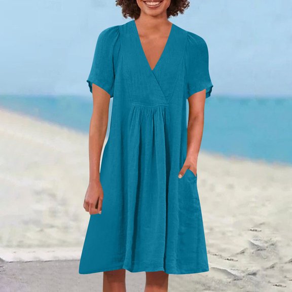 ClodeEU Women's Linen Blend V-Neck Short Sleeve Dress ,Loose Fit Casual Dress in Vintage Style Blue,Womens Plus XXL