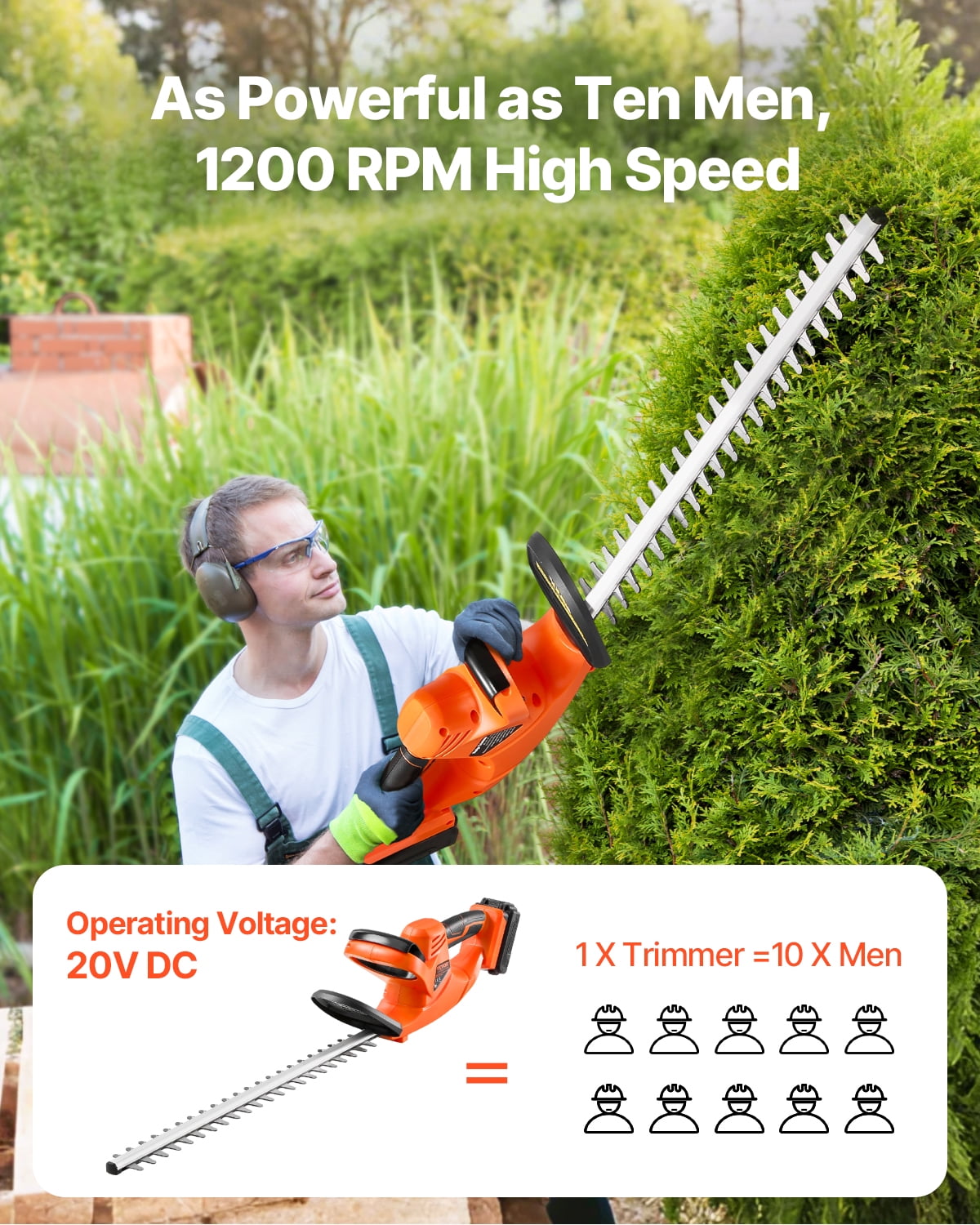 VEVOR Electric Hedge Trimmer, 1200 RPM, Cordless Hedge Trimmer for Low Branch, 20V 2A Battery, Bush Trimmer with 20 in Dual Action Blade & Secure Design, Gardening Trimmer for Yard Lawn Care