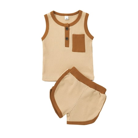 

Canrulo Infant Baby Girl Boy Summer Clothes Ribbed Colorblock Sleeveless Vest Tank Top+Shorts Outfits Apricot 18-24 Months