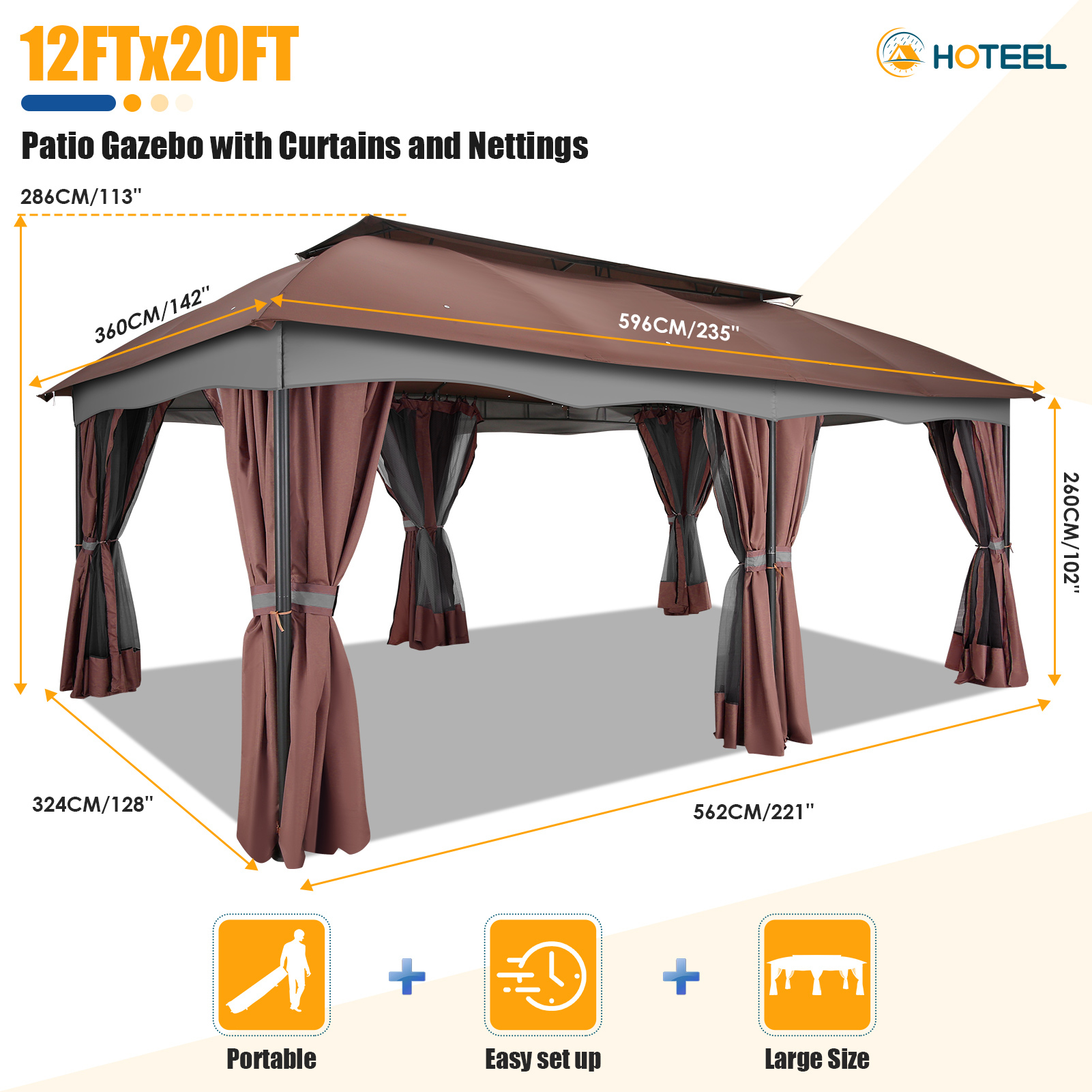 COBIZI 12X20 Heavy Duty Gazebo Outdoor Gazebo with Mosquito Netting and Curtains, Canopy Tent Deck Gazebo with Double-Arc Roof Ventiation and Metal Steel Frame Suitable for Lawn, Backyard, Patio - image 4 of 11