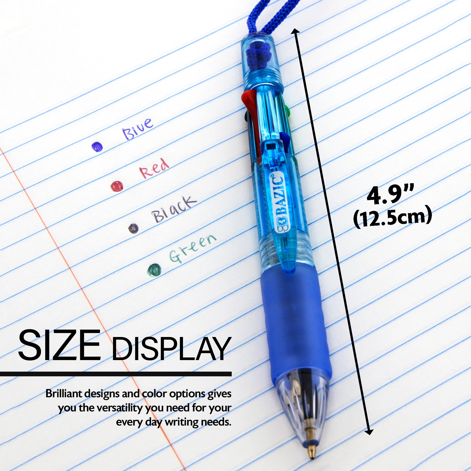 BAZIC 4-Color Ballpoint Neck Pen w/ Soft Grip, 1.0 mm, (1/Pack), 4-Pack