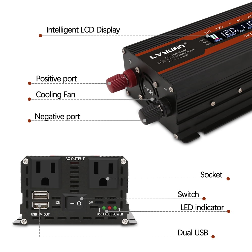 Yinleader 1000W/2000W(Peak) Car Power Inverter DC 12V to 110V AC Converter with LCD Display Dual AC Outlets and Dual USB Car Charger for Car Home Laptop Truck