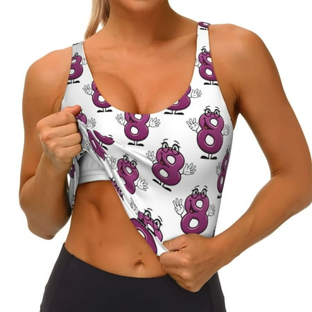 Qokaie Cute Number 8 Pattern Womens Scoop Neck Sports Bra Breathable Workout Vest Padded U Back Medium Impact Fitness Gym Yoga Bra Workout Crop Top