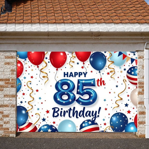 Red Blue Theme Happy 85th Birthday Banner Star Pattern 85th Birthday Display Balloon Design Gold Streamers Party Backdrop for 85th Birthday Party Senior Celebration Indoor Decoration