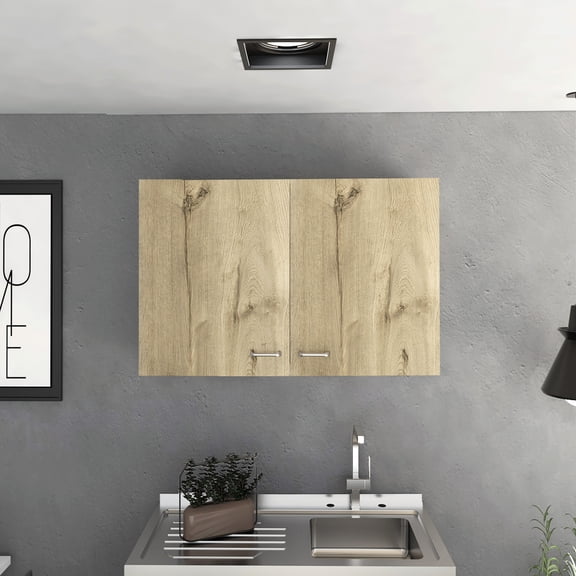 18.94"h Wall Cabinet, Two Doors And Inner Shelves, White/ Oak, For Storage Needs 19"h Cabinet With White / Oak - Perfect Kitchen, Bathroom, Utility Room, Garage