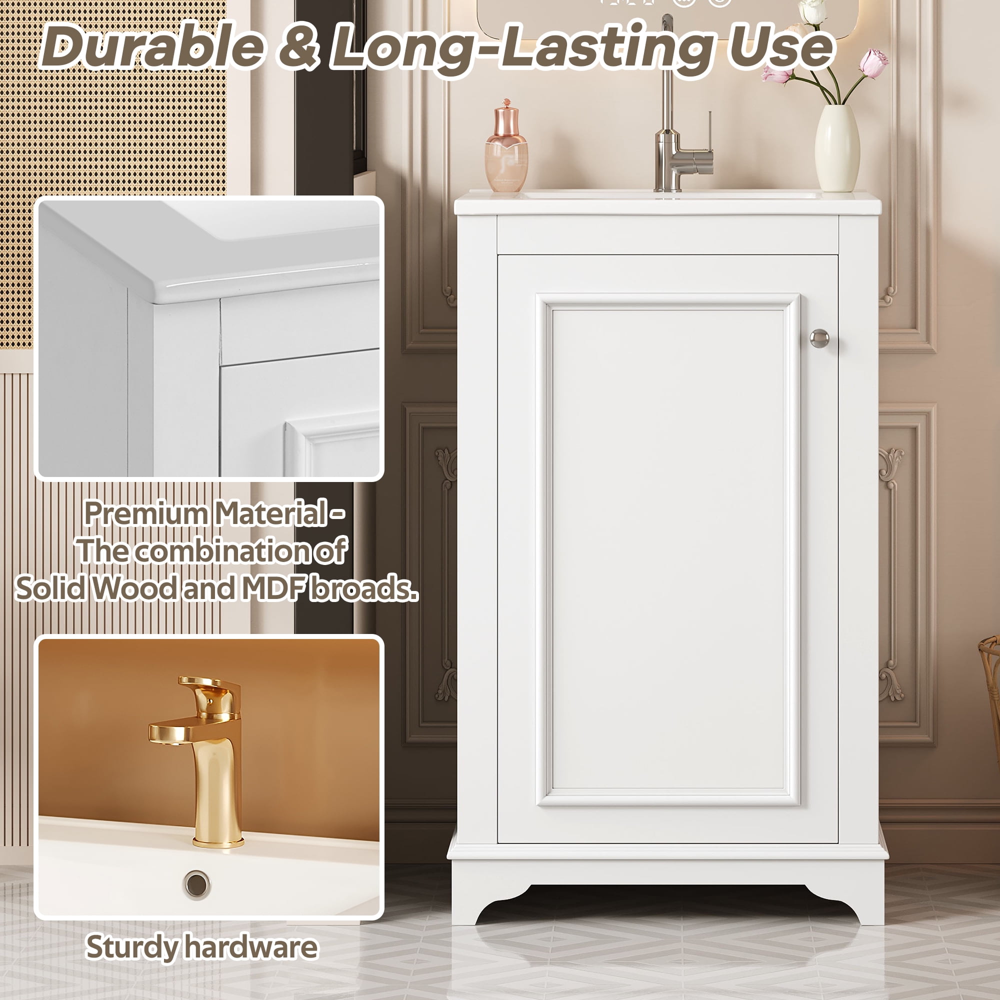Euroco 20-inch Bathroom Vanity with Ceramic Sink, Freetanding Single Vanity Set with Soft Closing Door, adjustable shelf, Modern Style, White.