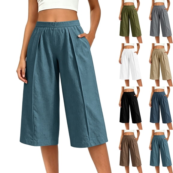 VBVC Women's Cotton Linen Pleated Wide Leg Capri Pants , Casual Summer Loose Crop Trousers For Women , Ladies' Flowy Lounge Pants with Pockets, Army Green , S-2XL