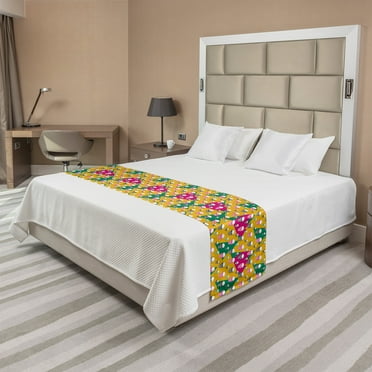 Skull Bed Runner, Head Bones Print on Colorful Geometric Triangle Background, Decorative Accent Bedding Scarf for Hotels Homes and Guestrooms, King, Earth Yellow Jade Green, by Ambesonne