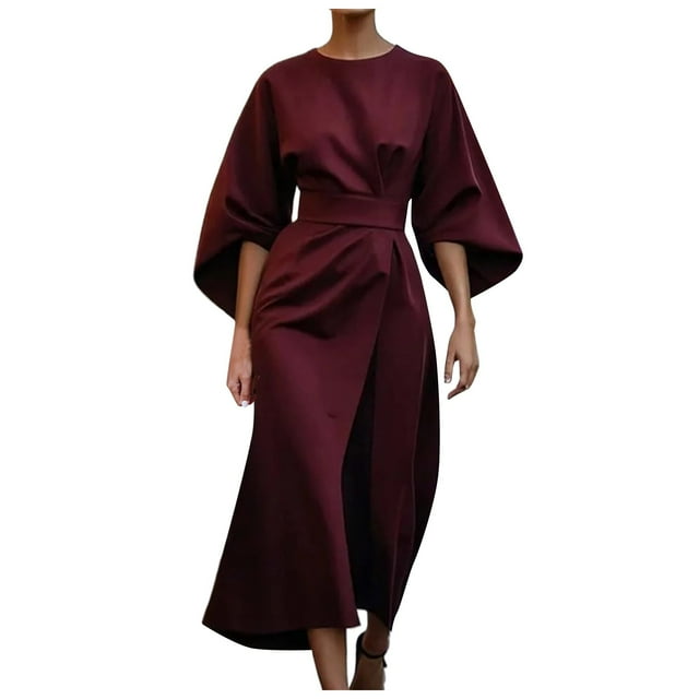 2025 Vestido elegante de color liso para mujer con cintura alta, mangas murciélago, estilo informal, mezcla de poliéster, vestido de fiesta para todas las estaciones