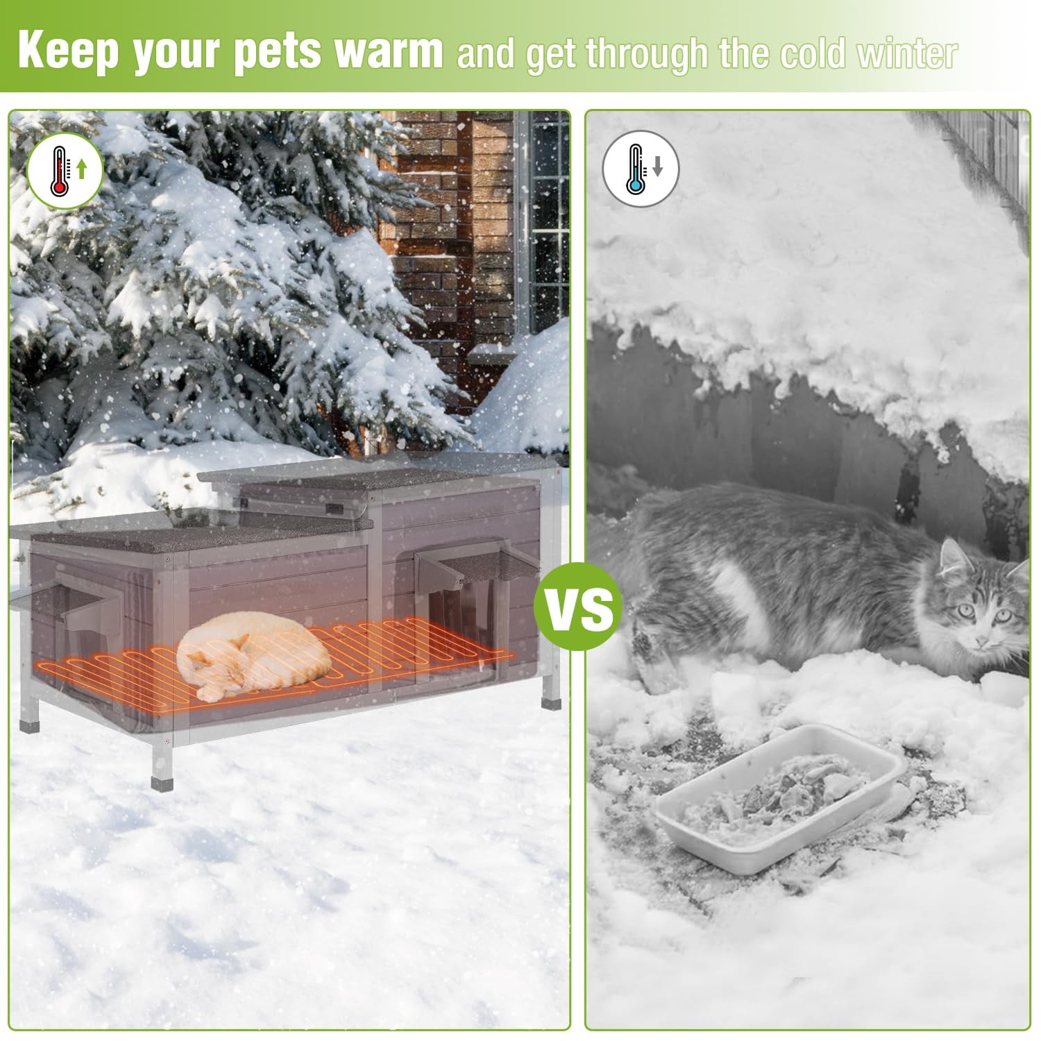 MEDEHOO 39.1"L Heated Cat House with Insulated Liner Outdoor Cat House with Anti-Bite Cable Weatherproof Cat Shelter with Heater Feral Cat House