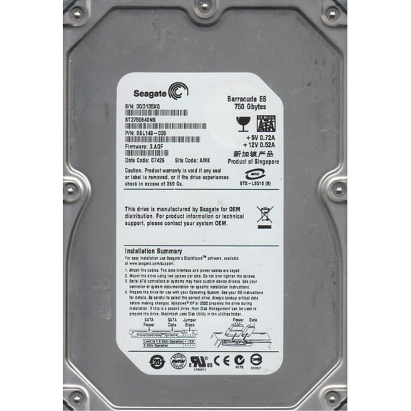 ST3750640NS, 3QD, AMK, PN 9BL148-038, FW 3.AQF, Seagate 750GB SATA 3.5 Hard Drive