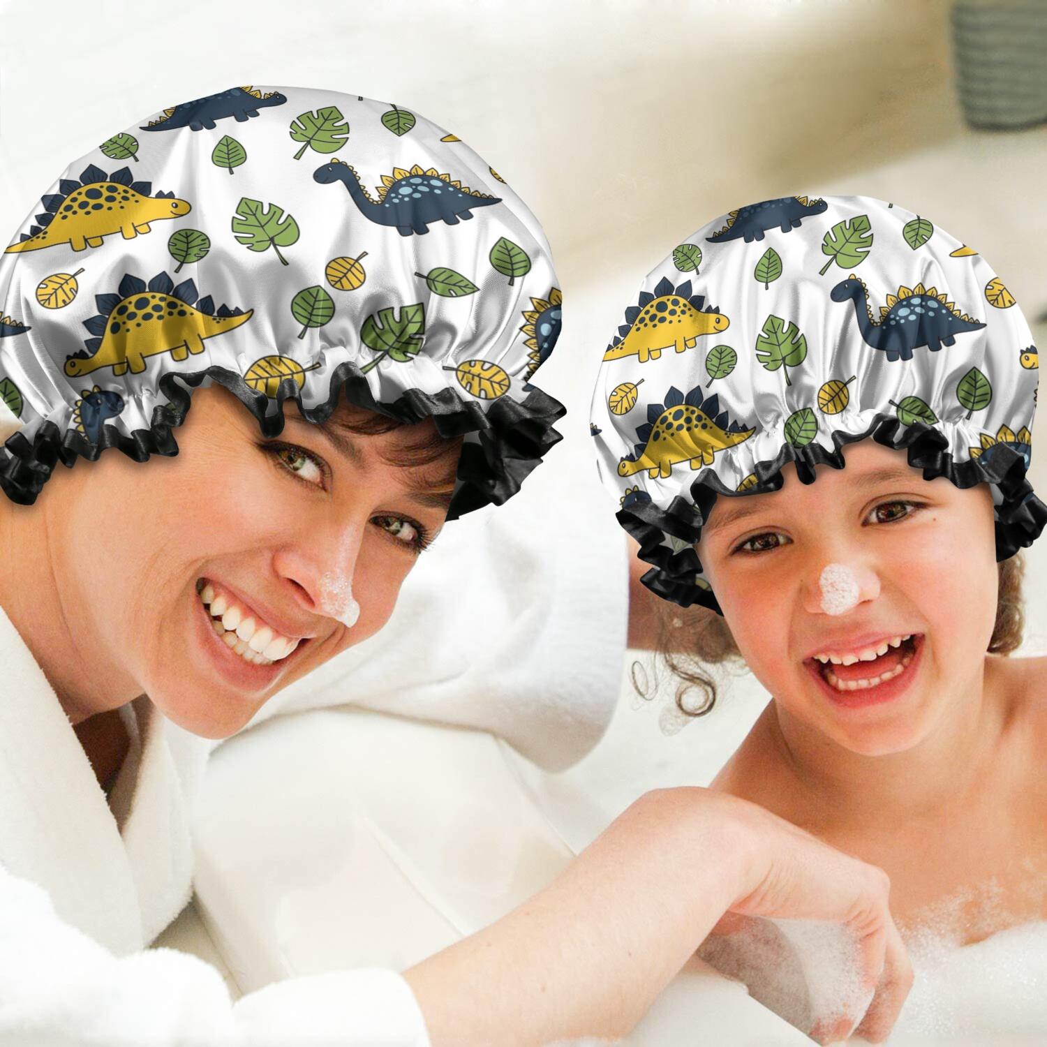 Shower Caps,White Cartoon Dinosaurs Green Yellow Leaves Pattern Waterproof Shower Cap for Women 4 Pieces,Double Reusable Hair Cover for Shower PEVA Elastic Stretch Hem