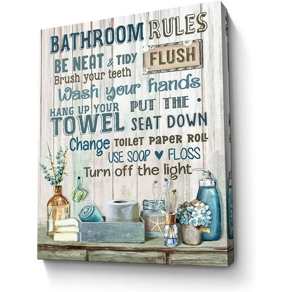 Bathroom Decor Canvas Wall Art Rustic Bathroom Rules Sign Picture Blue Bathroom Wall Decor Painting Framed Modern Artwork for Bathroom Toilet LaundryRoom Decor 12x16 inch