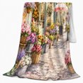 thumbnail image 2 of Charming European Street Scene Floral, Festive Botanical Garden Scene, Warm Flannel Blanket for Sunroom and Reading Nook, Garden Lovers Valentine's Day Gift, Botanical Home Decor, 2 of 9