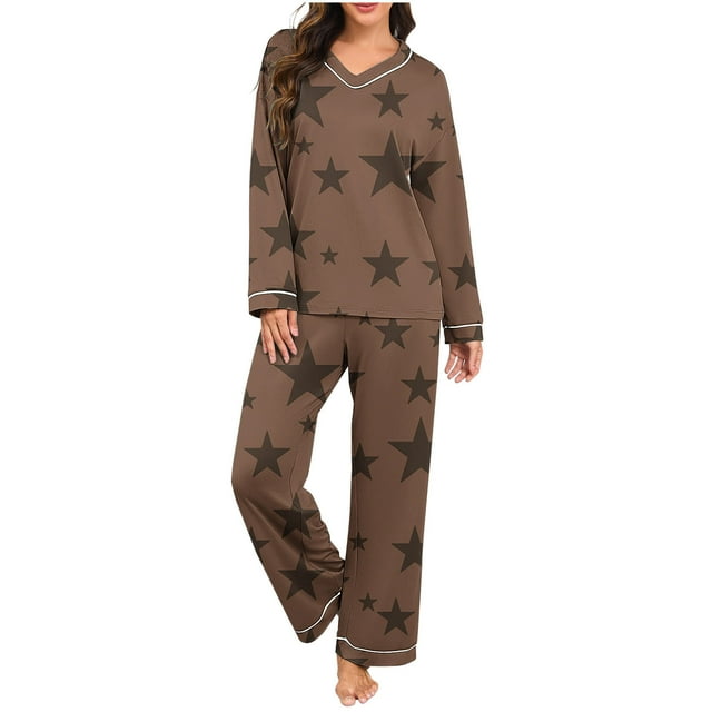 Womens Pajama Set,Casual Fashionable Printing Loose Solid Color V-Neck Long Sleeved Pants,Womens Pajama Set
