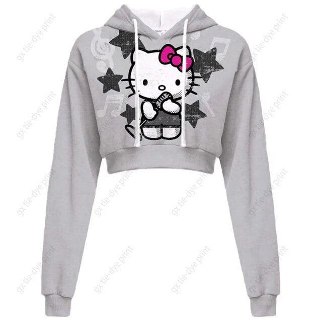Chandail à Capuchon Imprimé Hello Kitty pour Femmes, Hauts Courts, Kawaii, Imprimé, Harajuku, Court, Col Rond, Femme, Harajuku