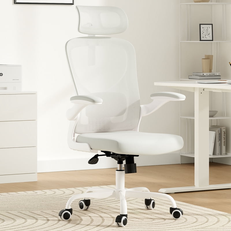 Ergonomic Office Chair, Home Office Desk Chair with Headrest, High Back Computer Chair with Armrests and Adjustable Lumbar Support for Home Office Study Room, White & Khaki