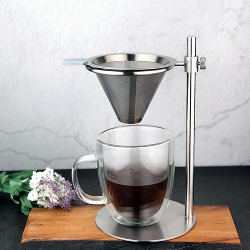 Adjustable Stainless Steel Pour Over Coffee Maker Station Stand with Reusable Double Filter Freestanding Drip Cone Brewer Directly into Mug Cup
