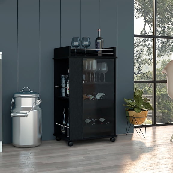 Baltimore Bar Cart with Glass Door Cabinet, Two Side Display Shelves, Spacious Serving