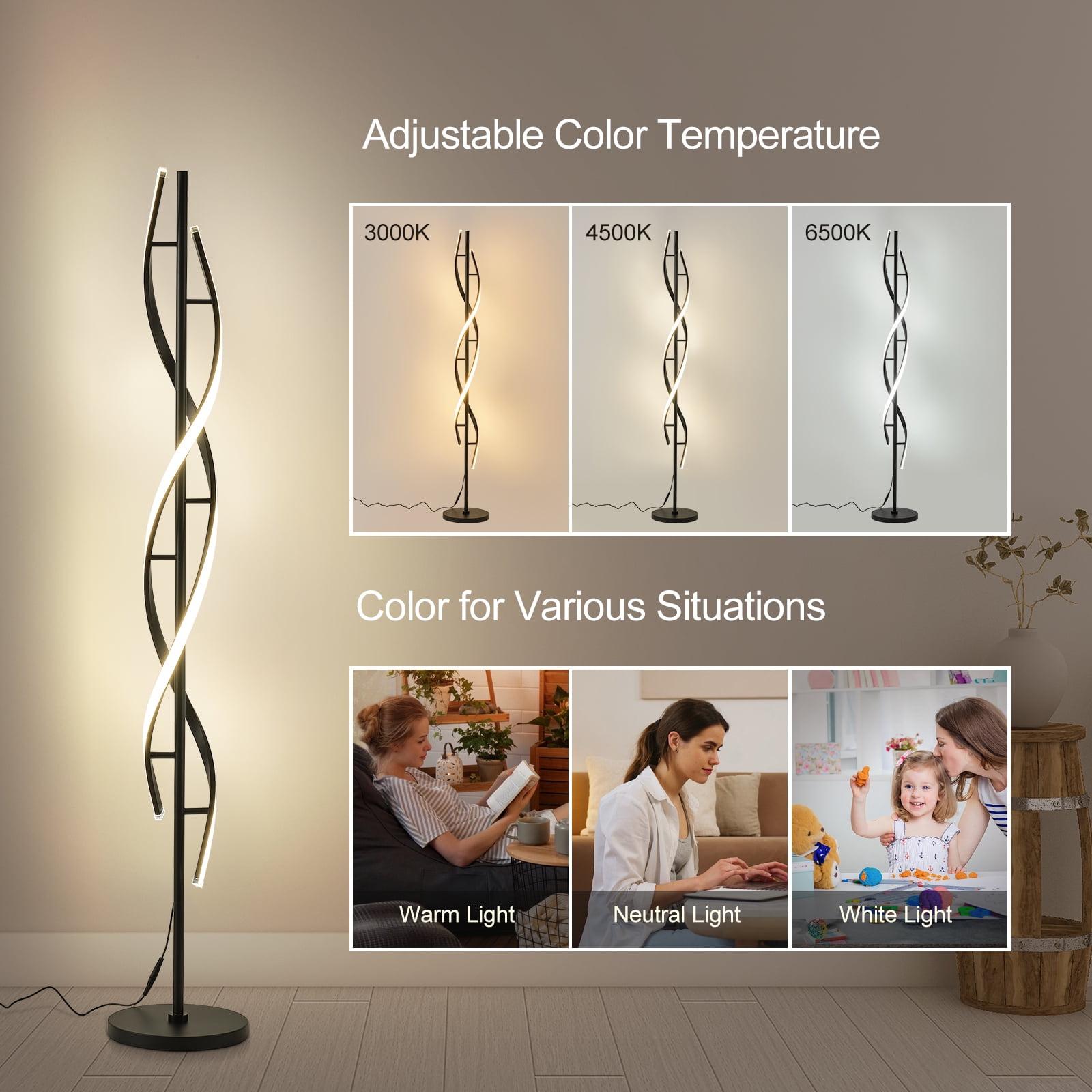 LED Spiral Floor Lamp 60 Inch Modern Floor Lamps Dimmable Black Standing Lamp 34W Contemporary Floor Lamps for Living Room Bedroom Kitchen Office