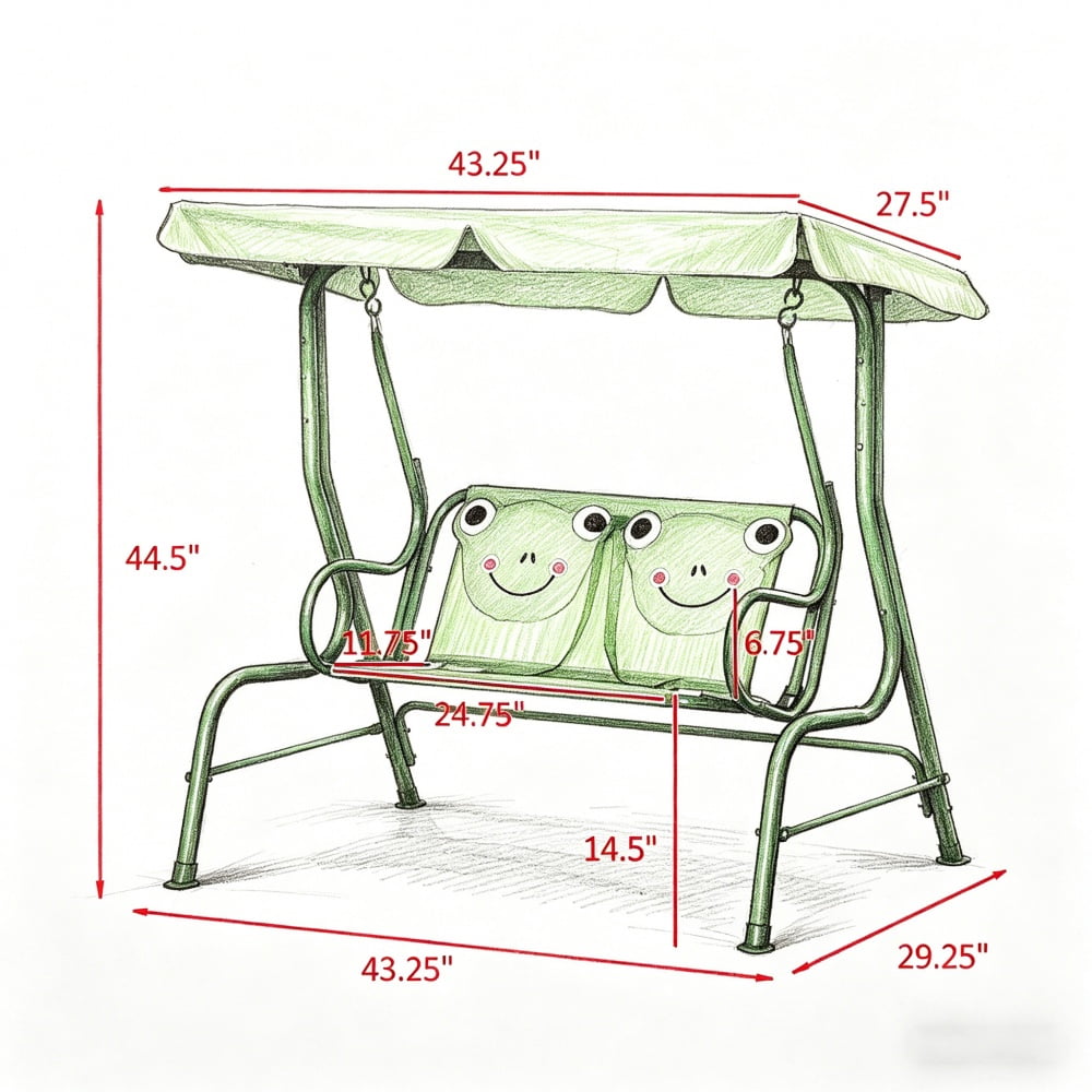 Green Double Seat Kids Swing Chair, 43.25" Steel Frame Swing with Adjustable Canopy, Safety Belts & Lion Design for 3-6 Years Old, 132 lbs Capacity