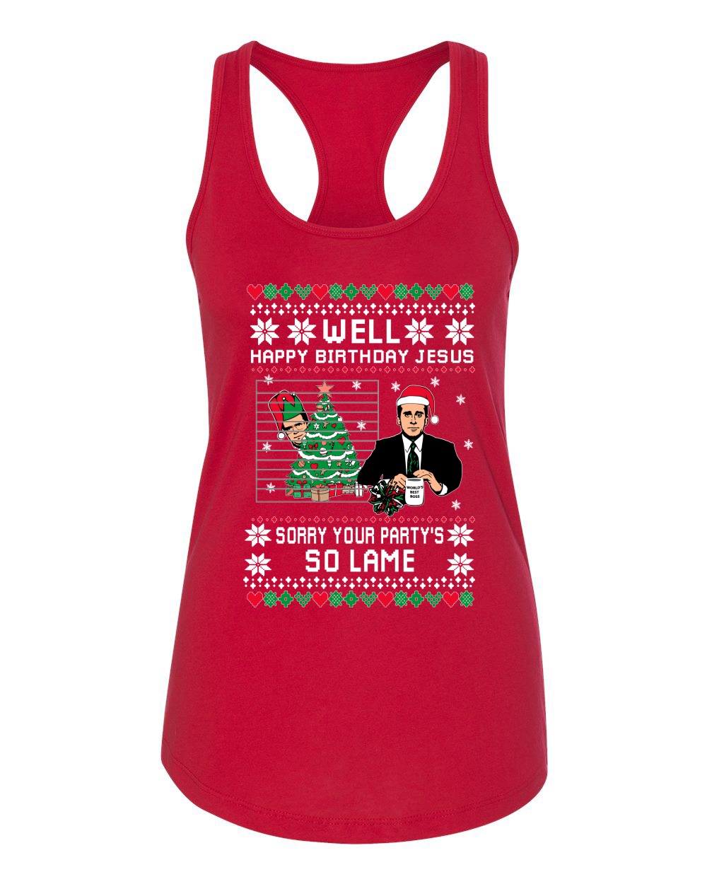 Wild Bobby Well Happy Birthday Jesus Funny Quote Office Ugly Christmas Ladies Racerback Tank Top, Red, Medium - image 2 of 3