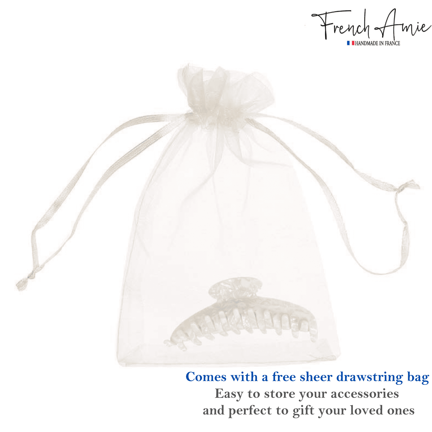 French Amie Contour Frost White Large 4 ¾” Handmade Cellulose Hair Claw Clip