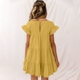 thumbnail image 4 of Cotton Linen Sundresses for Women Ruffle Short Sleeve Layered Hem Mini Dress Casual Solid Color Crewneck Keyhole Back Dresses, 4 of 7
