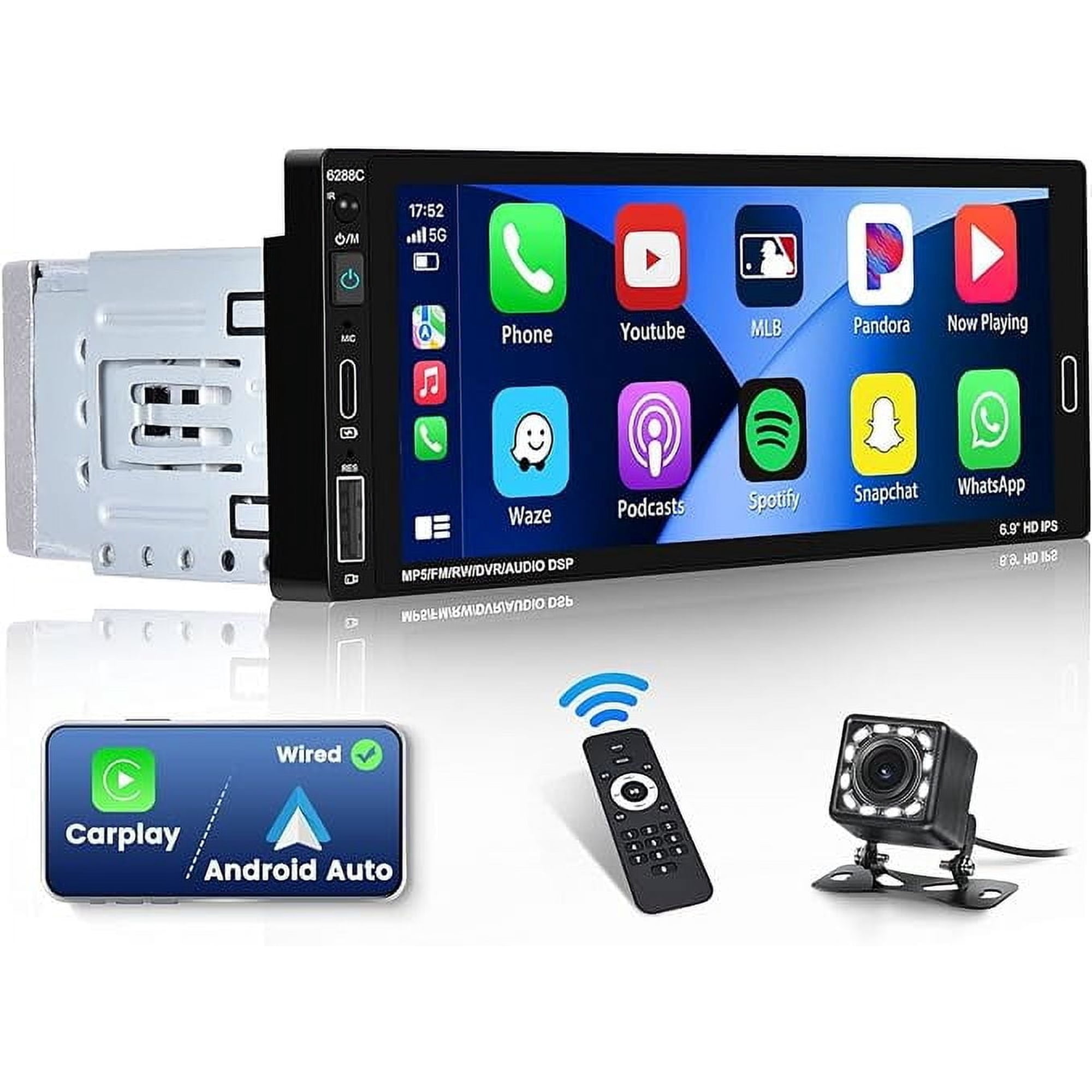 PODOFO 6.9 Inch Car Stereo Single Din Carplay Android Auto Car Radio FM Bluetooth Car Audio Receiver Support SWC Mirror Link