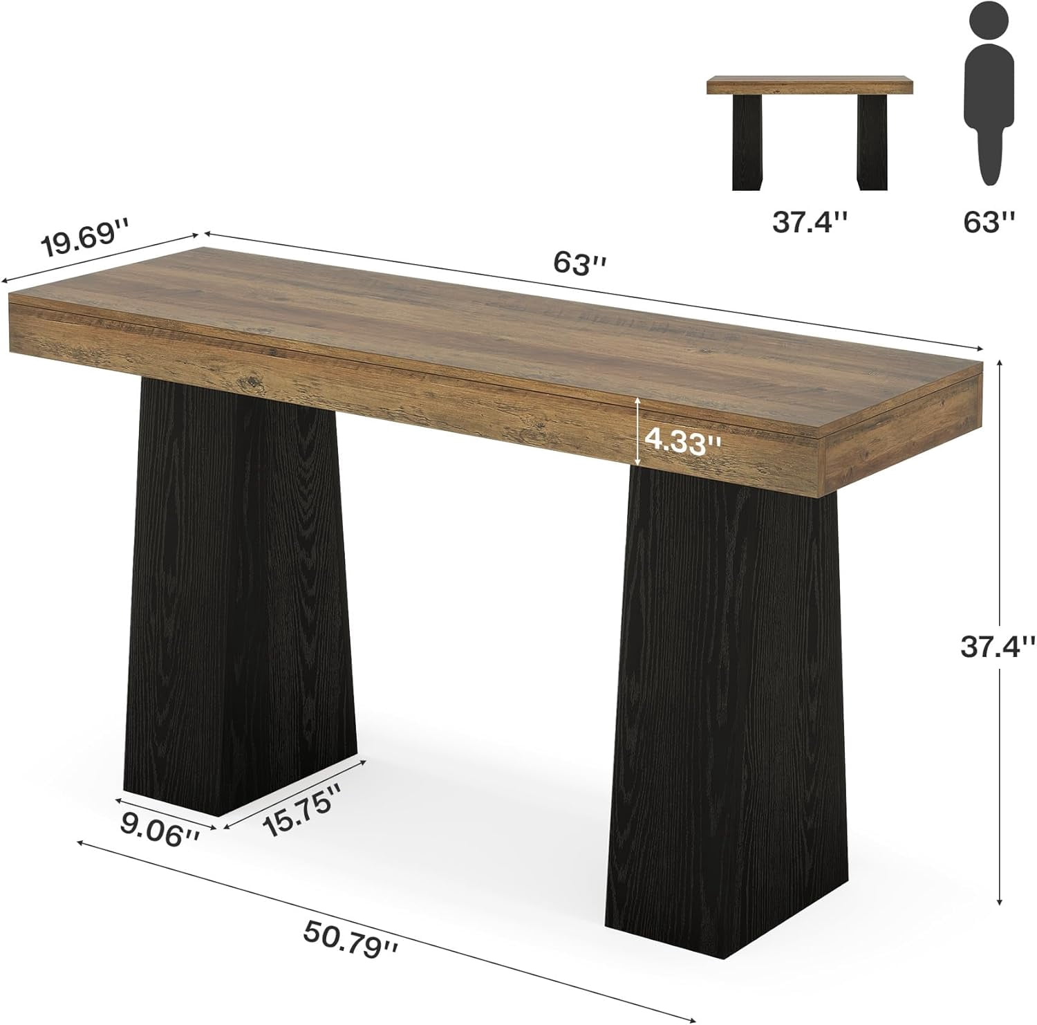 Tribesigns 63-Inch Bar Table, Wood Rustic Counter Height Pub Table for Kitchen, Dining Room, Living Room, Brown & Black