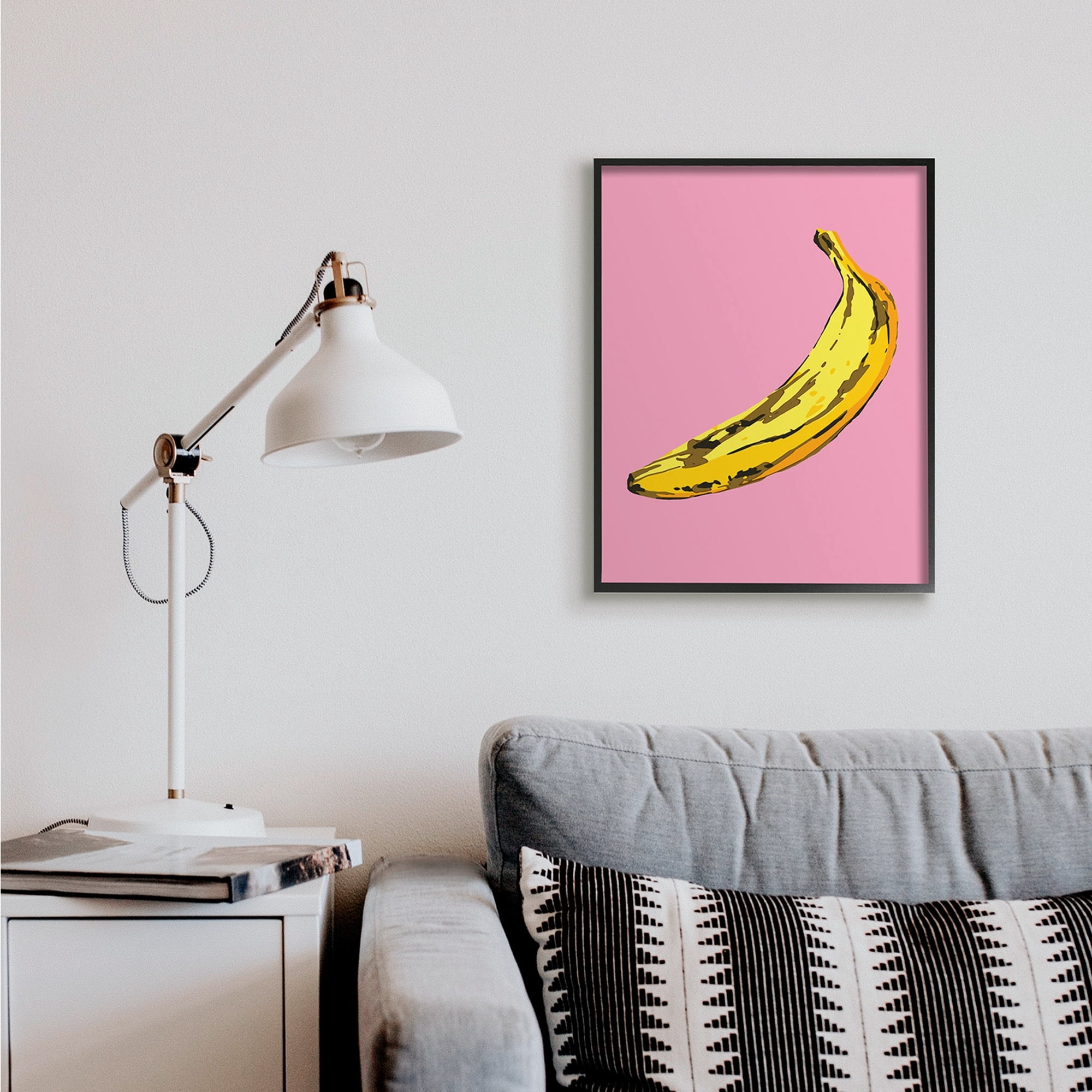 Stupell Industries Banana Pink Pop Tropical Fun Minimal Fruit Food & Beverage Painting Gray Framed Art Print Wall Art, 11 x 14