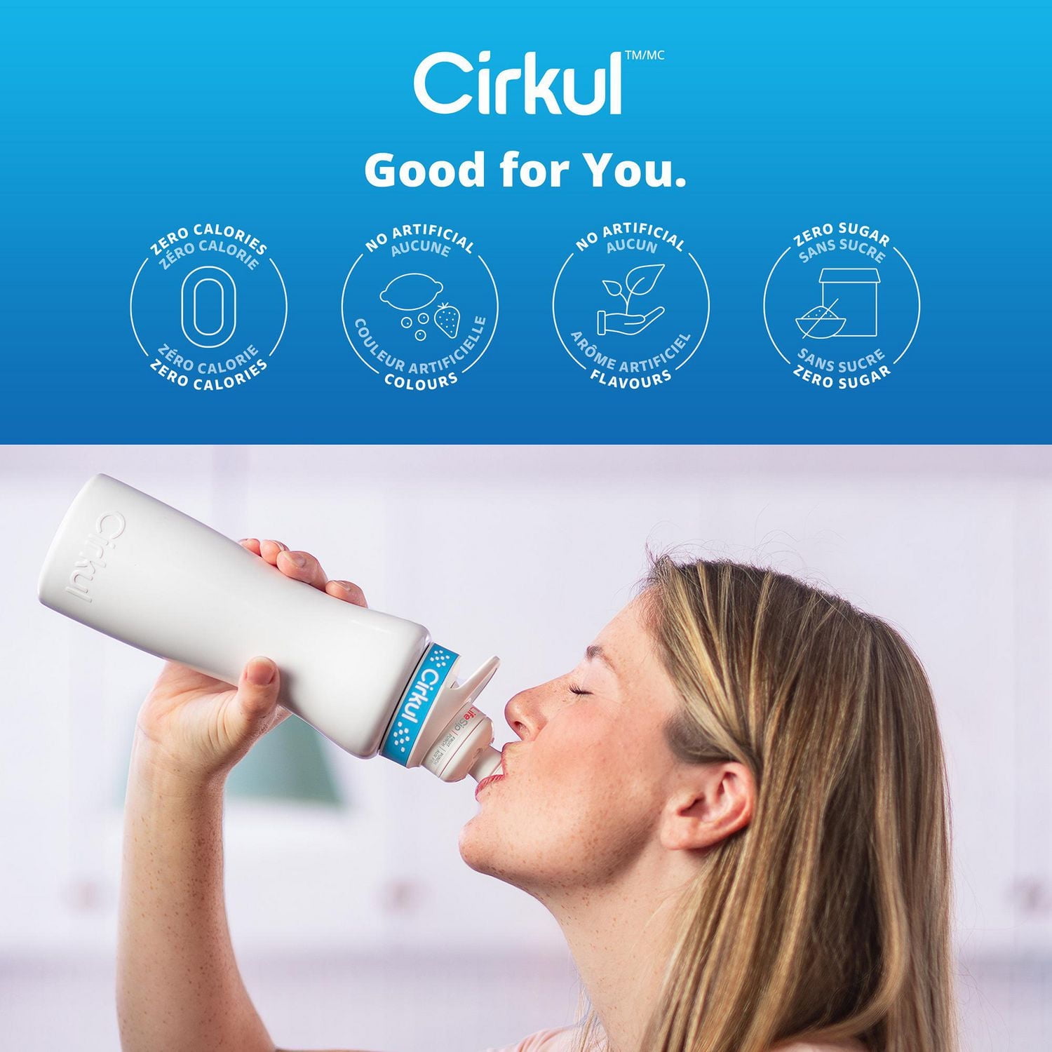 Cirkul 22oz White Stainless Steel Water Bottle Starter Kit with Blue Lid and 2 Flavour Cartridges (Fruit Punch & Mixed Berry)