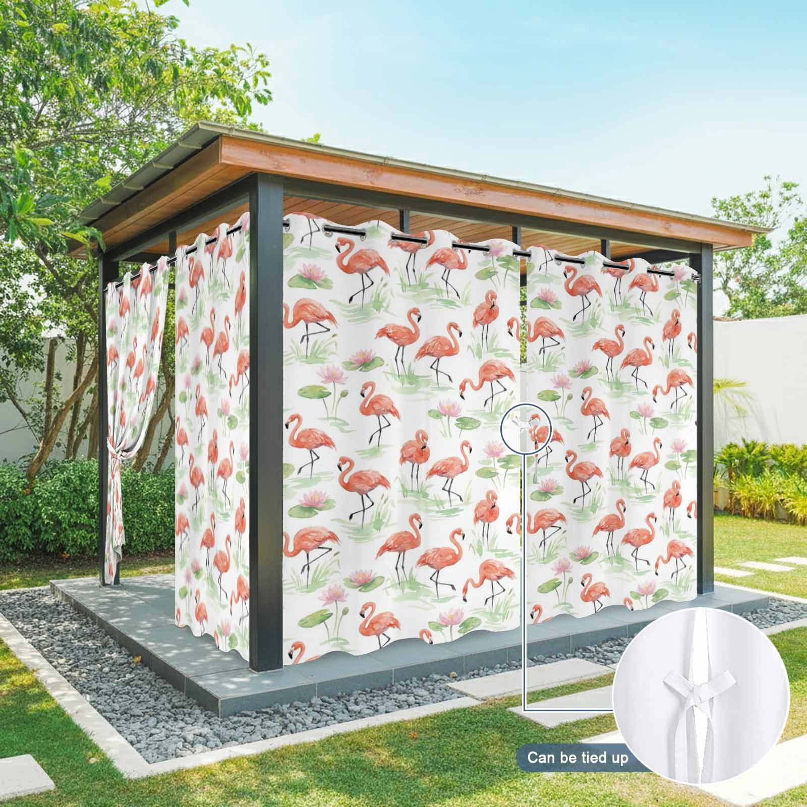 Pink Flamingos Outdoor Curtains for Patio, Boho Summer Pink Tropical Vibe Lotus Flower Lotus Leaf Sunshade Privacy Drapes Grommet Waterproof Outside Curtains for Porch Balcony 54"x108", 1 Panel
