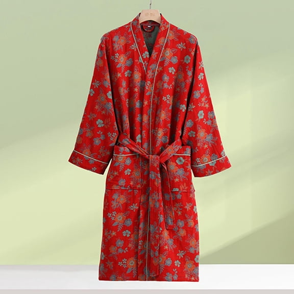 ALLLIST Women's Robes V-Neck Long Sleeve Bathrobe Red with Belts Floral Pajamas for Ladies